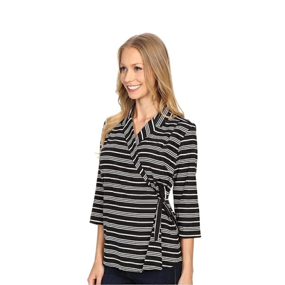 Pendleton Top S NWT Wrap Striped Silk Cotton Chic Business Casual 3/4 Sleeves